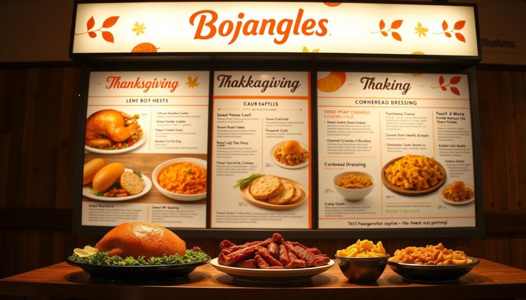 A beautifully lit Thanksgiving holiday menu board for Bojangles, showcasing an array of delectable seasonal offerings. In the foreground, crisp and high-quality images of roasted turkey, sweet potato casserole, cornbread dressing, and other festive dishes tempt the viewer. The middle ground features a clean and elegantly designed menu layout, with clear typography and a warm autumnal color scheme. In the background, a cozy, rustic ambiance is created by soft lighting, wooden accents, and a subtle pattern reminiscent of fall foliage. The overall atmosphere evokes a sense of comfort, tradition, and the mouthwatering anticipation of a Bojangles Thanksgiving feast.