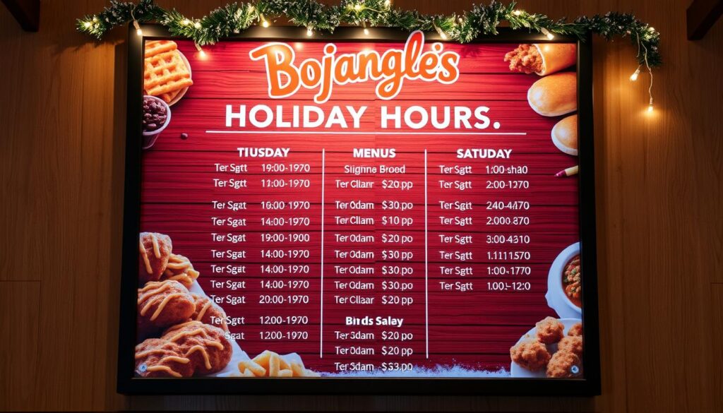 A beautifully lit and meticulously designed restaurant menu board, showcasing the holiday hours schedule for the iconic Bojangles eatery. The menu is crafted with a warm, inviting aesthetic, featuring a rustic wood grain background complemented by vibrant, high-quality imagery of the restaurant's signature dishes. The schedule is presented in a clear, easy-to-read layout, with elegant typography and a touch of holiday-inspired accents, like a subtle sprinkling of snow or a string of twinkling lights. The overall composition creates a sense of cozy familiarity, perfectly capturing the spirit of the holiday season and the beloved Bojangles brand.