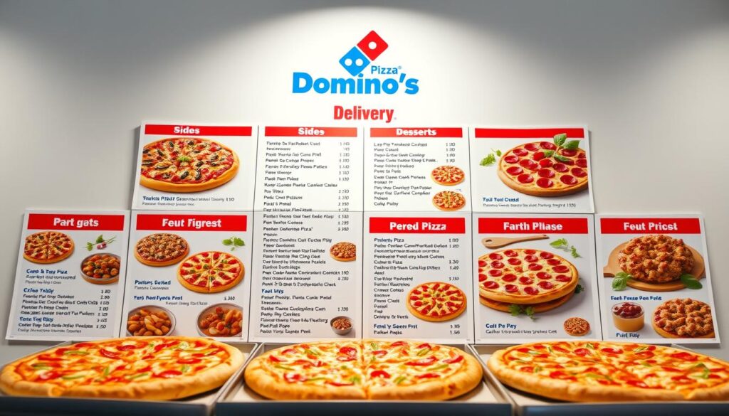 A brightly lit Domino's Pizza delivery menu, showcasing a variety of options against a clean, modern background. The menu items are displayed with high-quality, appetizing visuals, emphasizing the diverse range of pizzas, sides, and desserts available for delivery. The layout is organized and visually appealing, with clear categorization and pricing information. The overall composition suggests a professional, streamlined dining experience, inviting the viewer to explore the menu and place an order for a delicious Domino's Pizza delivery.