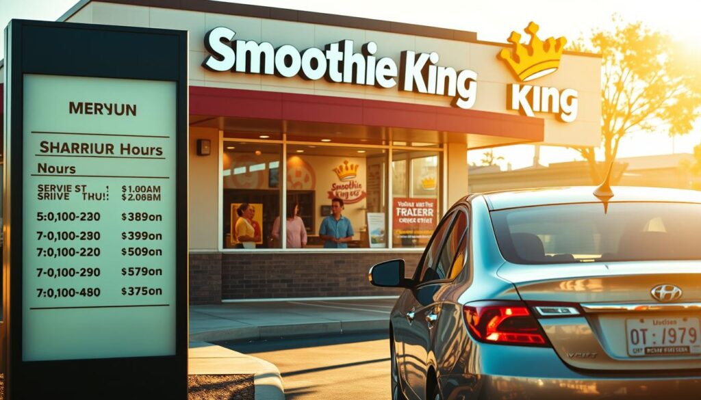 A brightly lit Smoothie King drive-thru with a clean, modern facade. In the foreground, a sleek menu board displays the store's service hours in bold, easy-to-read text. A few cars queue patiently in the drive-thru lane, their occupants eager to grab a refreshing smoothie. The middle ground features the drive-thru window, staffed by friendly, attentive employees ready to take orders. The background showcases the Smoothie King logo and vibrant branding, creating an inviting atmosphere. Warm, natural lighting bathes the scene, conveying a sense of welcoming and efficiency. The composition emphasizes the drive-thru experience, allowing viewers to envision the convenience and accessibility of Smoothie King's service hours.
