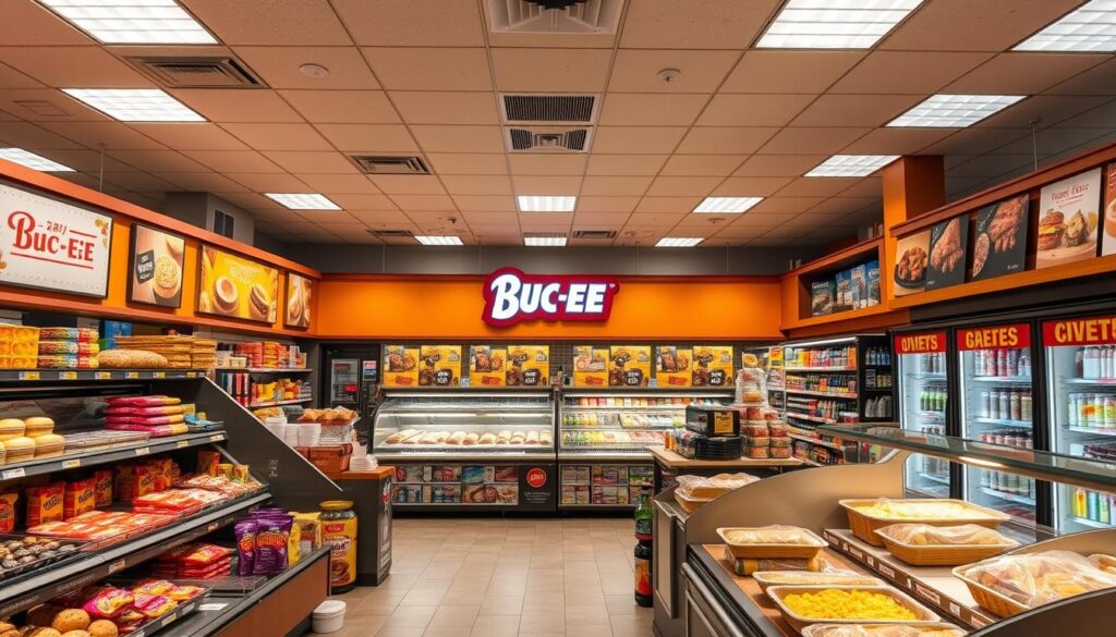 A brightly lit convenience store interior showcasing Buc-ee's 24/7 food options. In the foreground, an array of fresh baked goods, hot breakfast items, and grab-and-go snacks tempt the viewer. In the middle ground, a variety of hot food stations with sizzling meats, bubbling soups, and steaming sides stretch out across the expansive space. In the background, rows of refrigerated shelves display a diverse selection of cold beverages, sandwiches, and pre-packaged meals, all illuminated by the warm glow of energy-efficient lighting. The overall atmosphere conveys a sense of abundance, quality, and convenience - a one-stop-shop for hungry travelers any time of day or night.