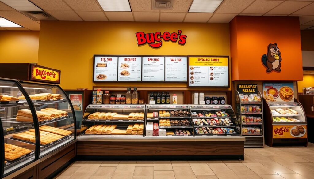 A brightly lit, high-resolution image of a Buc-ee's convenience store interior, showcasing the expansive breakfast menu display. In the foreground, a wooden and glass-enclosed display case highlights a variety of breakfast sandwiches, kolaches, and other freshly baked pastries. The middle ground features a menu board with clear pricing and descriptions for breakfast combo meals, specialty items, and value deals. The background depicts the store's clean, modern aesthetic, with tile floors, warm lighting, and Buc-ee's signature beaver mascot logo prominently displayed. The overall atmosphere conveys a sense of abundance, quality, and the convenience of Buc-ee's famous breakfast offerings.