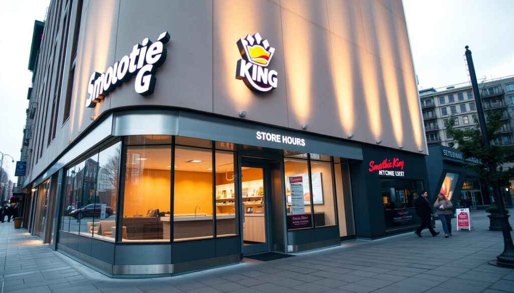 A brightly lit, modern Smoothie King storefront on a city street. The storefront has large windows showcasing a clean, minimalist interior. Sleek metal and glass signage displays the Smoothie King logo and "Store Hours" above the entrance. The pavement is neatly paved, with a few people walking by. Warm, directional lighting illuminates the scene, creating a welcoming atmosphere. The sky is overcast, with soft, diffused lighting. The camera angle is slightly elevated, providing a clear view of the store's facade and surrounding environment.