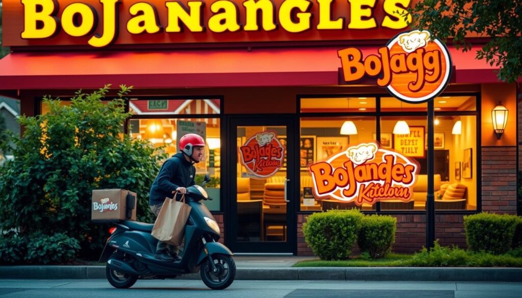 A bustling Bojangles restaurant facade, warm yellow lights illuminating the exterior. In the foreground, a food delivery driver on a scooter, food bag in hand, ready to pick up an online order. The middle ground showcases the Bojangles logo and signage, inviting customers to explore their menu. In the background, a cozy suburban neighborhood with lush greenery, setting the scene for a convenient and accessible dining experience. The image evokes a sense of comfort, quality, and the ease of modern food delivery services.