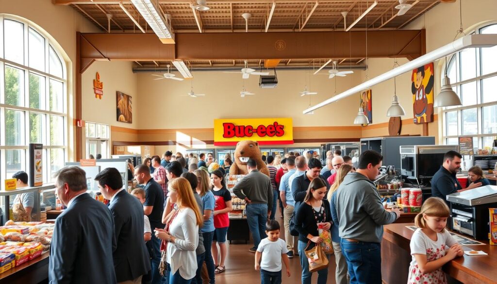 A bustling Buc-ee's convenience store during the lunch rush, with customers of all ages lining up at the counter and food stations. The bright, airy interior is filled with natural light streaming through large windows, highlighting the vibrant colors of the merchandise. In the foreground, a group of office workers in business attire grab quick bites, while families with young children navigate the aisles, selecting snacks and sandwiches. The middle ground features the iconic Buc-ee's beaver mascot statue, adding a playful touch to the scene. In the background, the efficient cashiers work swiftly to keep the line moving, creating an atmosphere of efficiency and convenience that embodies the Buc-ee's brand.
