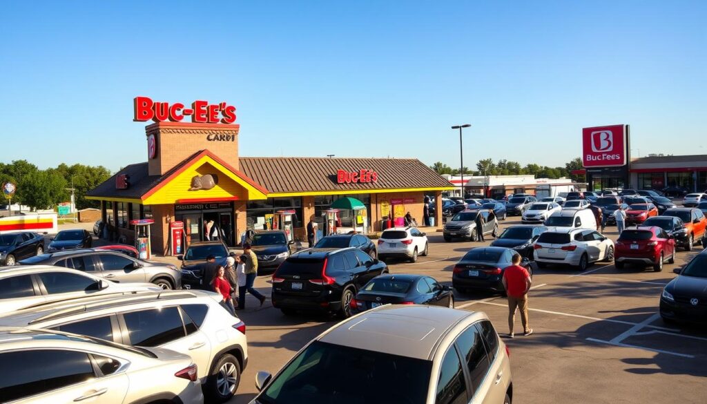 A bustling Buc-ee's gas station during the morning and afternoon rush hours. In the foreground, a long line of cars snakes around the fuel pumps, with customers hurriedly refilling their tanks. The middle ground showcases the iconic Buc-ee's convenience store, its facades adorned with the brand's signature beaver logo and bright colors, contrasting against the clear blue sky. In the background, the parking lot is packed with vehicles, with people rushing in and out of the store, grabbing snacks, drinks, and other necessities. The lighting is crisp and natural, capturing the energy and flow of the different rush periods. The overall scene conveys the dynamic and fast-paced nature of Buc-ee's during its busiest times.