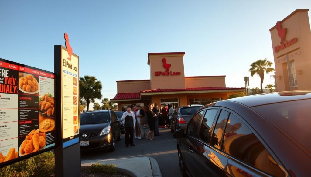 A bustling El Pollo Loco drive-thru, bathed in the warm glow of afternoon sunlight. In the foreground, a sleek, modern menu board displays the tantalizing offerings. Customers line up in their vehicles, eagerly awaiting their turn to place their orders. The middle ground showcases the efficient service, with attentive staff members taking orders and handing out bags of freshly prepared, mouth-watering chicken. In the background, the restaurant's iconic exterior stands proud, inviting passersby to discover the delights within. The scene exudes a sense of convenience and satisfaction, capturing the essence of El Pollo Loco's drive-thru experience.