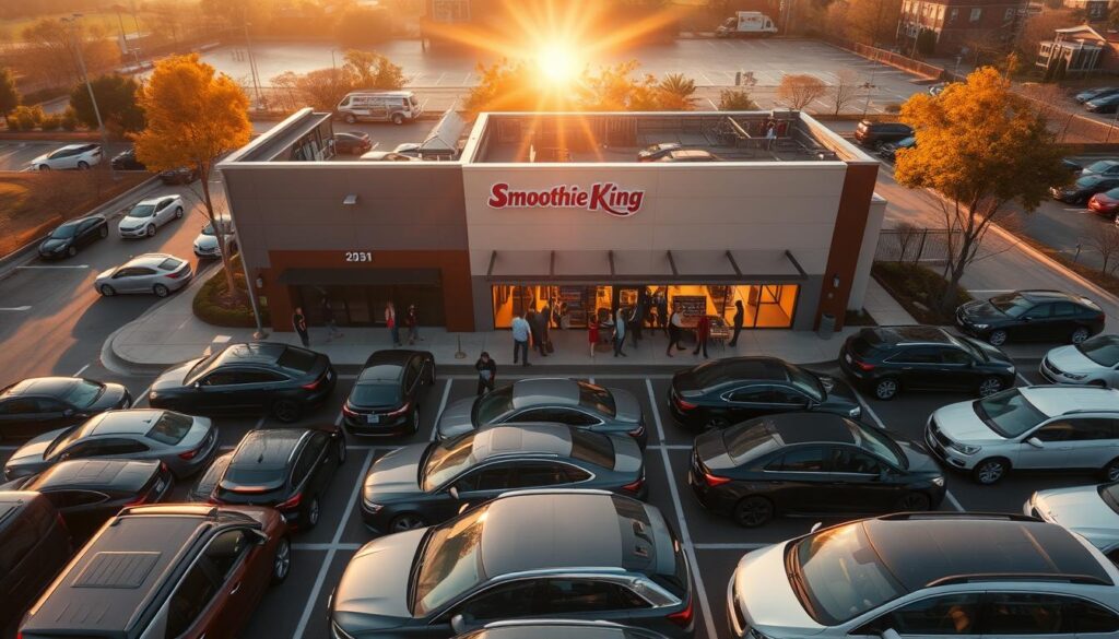 A bustling Sunday morning at Smoothie King, the parking lot filled with cars as customers eagerly await their nutritious treats. From an aerial perspective, the scene unfolds - rows of vehicles neatly arranged, their drivers and passengers spilling out to grab a quick bite before tackling the day. Warm, golden light filters through the windows, casting a cozy glow over the scene. The building's sleek, modern facade stands in contrast to the hustle and bustle, a beacon of healthy living amidst the Sunday routine. Through a wide-angle lens, the image captures the ebb and flow of traffic, revealing the peak hours when Smoothie King's popularity is at its height.