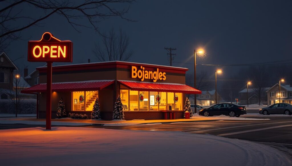 A cozy Bojangles restaurant nestled in a festive winter scene, warm lighting casting a golden glow through frosty windows. In the foreground, a neon "OPEN" sign stands as a welcoming beacon, while holiday decorations adorn the exterior. The middle ground features a snow-dusted parking lot with a few cars, setting the stage for a bustling Christmas Eve. The background is a tranquil neighborhood blanketed in a soft layer of snow, streetlights casting a serene ambiance. The overall mood evokes a sense of holiday cheer and community, inviting the viewer to imagine the lively activity and delicious aromas within.