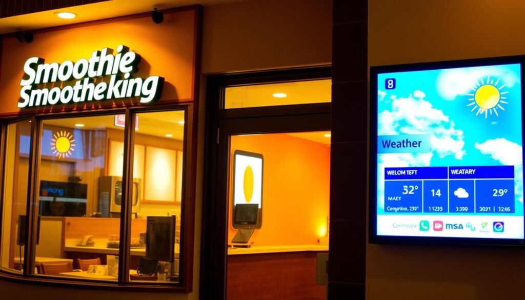 A cozy Smoothie King storefront with warm, inviting lighting and a vibrant, dynamic weather display showcasing the current conditions. The exterior features large windows, a welcoming entrance, and a clean, modern design aesthetic. The weather display is a prominent focal point, with a sleek digital screen presenting real-time meteorological data in a visually engaging manner. The overall scene conveys a sense of comfort and professionalism, perfectly suited for a specialty beverage establishment's special operating hours during events and inclement weather.