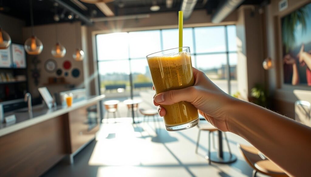 A cozy Sunday morning at Smoothie King, with natural light streaming through the windows. In the foreground, a hand reaching for a refreshing smoothie, its vibrant colors and creamy texture inviting the viewer to take a sip. The middle ground features a clean, modern cafe interior, with sleek counters and stylish seating arrangements. In the background, a serene outdoor scene, perhaps a peaceful park or cityscape, sets the stage for a relaxing weekend visit. The atmosphere is calm and inviting, capturing the essence of a leisurely Smoothie King Sunday.