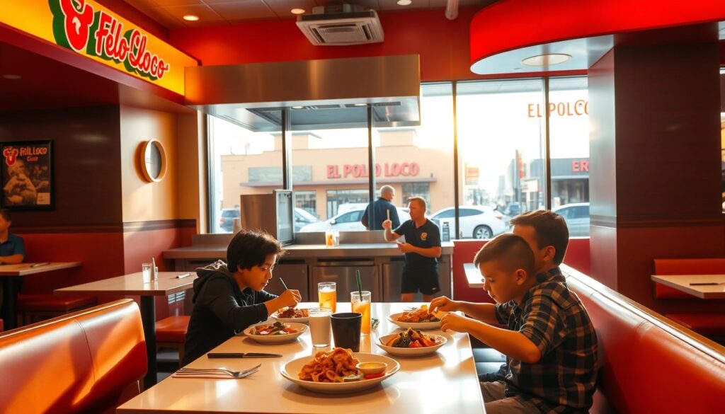 A cozy and vibrant El Pollo Loco restaurant interior, with warm lighting casting a golden glow over the space. In the foreground, a family of four enjoying a hearty meal at a clean, contemporary dining table, surrounded by the restaurant's signature orange and red accents. The middle ground features an open kitchen where skilled chefs prepare the iconic flame-grilled chicken. In the background, large windows offer a glimpse of the bustling street outside, creating a sense of connection between the dining experience and the lively urban setting. The overall atmosphere is one of comfort, energy, and a celebration of authentic Mexican-inspired flavors.