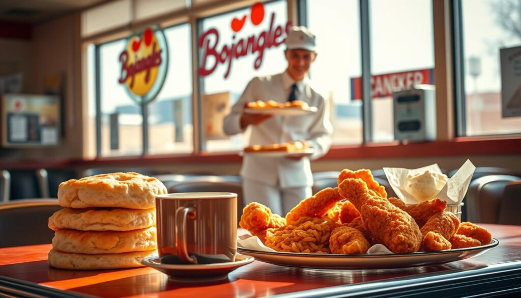 A cozy diner scene with a retro aesthetic, showcasing a delectable Bojangles breakfast spread. In the foreground, a stack of fluffy biscuits, golden-brown chicken tenders, and a steaming cup of coffee on a vintage-inspired diner table. Bright natural lighting streams in through large windows, casting a warm glow on the scene. In the middle ground, a server in a crisp white uniform graciously presents a plate of perfectly cooked eggs and hash browns. The background features the iconic Bojangles logo and signage, evoking a nostalgic roadside diner vibe. The overall mood is inviting and mouthwatering, inspiring the viewer to indulge in the best breakfast experience Bojangles has to offer.