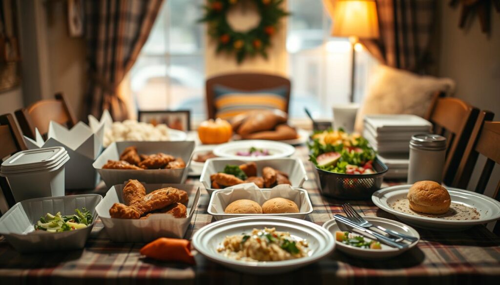 A cozy, intimate Thanksgiving dinner setting featuring an assortment of alternative dining options. In the foreground, a table is set with a mix of takeout containers, paper plates, and disposable utensils, creating a casual, on-the-go atmosphere. The middle ground showcases a variety of ready-to-eat dishes, such as fried chicken, biscuits, and side salads, arranged in a visually appealing manner. In the background, a warm, soft-lit setting evokes a sense of comfort and togetherness, despite the unconventional nature of the meal. The overall composition conveys a sense of flexibility and adaptability, capturing the spirit of finding alternative ways to celebrate the holiday.