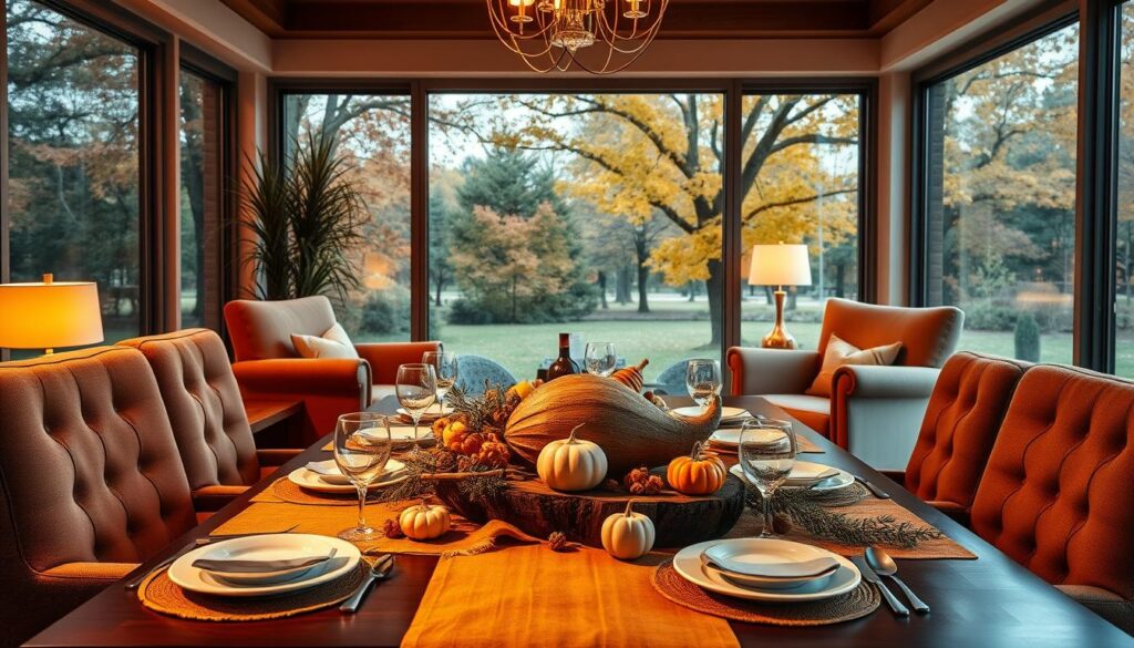 A cozy, modern dining room with an inviting, Thanksgiving-themed tablescape. In the foreground, a table adorned with a rustic wooden centerpiece, bountiful cornucopia, and elegant white dinnerware. Warm, soft lighting casts a golden glow, while the middle ground features plush, autumnal-hued armchairs surrounding the table. In the background, large windows overlook a serene, park-like setting, trees bursting with fall foliage. An atmosphere of comfort, togetherness, and alternative holiday celebration.