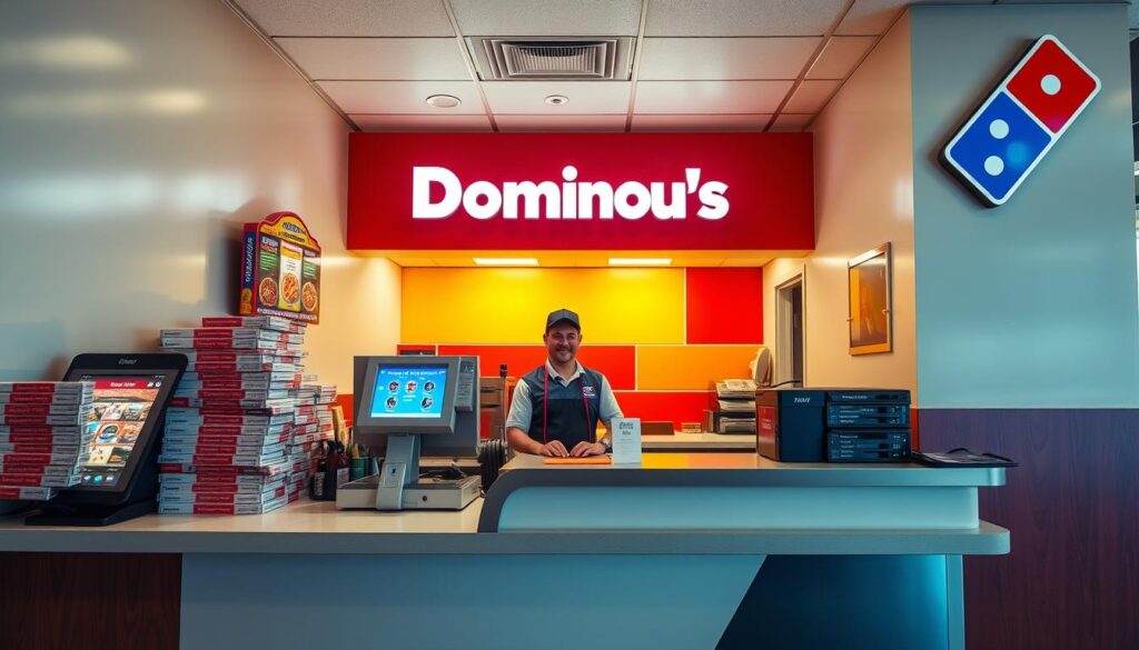 A cozy, well-lit Domino's carryout counter with a sleek, modern design. The counter is adorned with stacks of pizza boxes, a touchscreen display showcasing menu items, and a prominent "Carryout" sign. In the background, a vibrant red and yellow color scheme creates an inviting ambiance. A friendly Domino's employee stands behind the counter, ready to assist customers with their orders. The scene is captured from a slightly elevated angle, highlighting the efficient layout and attention to detail within the carryout space.