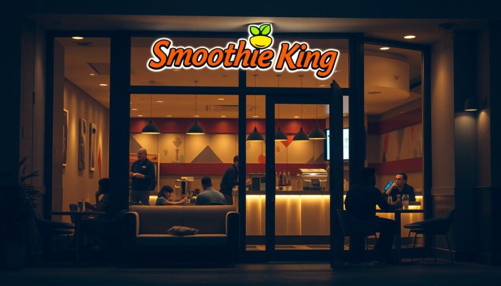 A cozy, well-lit Smoothie King storefront on a peaceful Sunday evening, with a warm inviting glow emanating from the windows. Sleek and modern interior design, featuring plush seating, stylish decor, and a prominent counter showcasing an array of fresh fruit smoothies. Patrons enjoying their beverages in a relaxed, casual atmosphere, while soft background music plays. Muted lighting casts a soothing ambiance, with a focus on the core Smoothie King branding and signage. The scene conveys a sense of tranquility and leisurely indulgence, perfect for an evening smoothie experience.