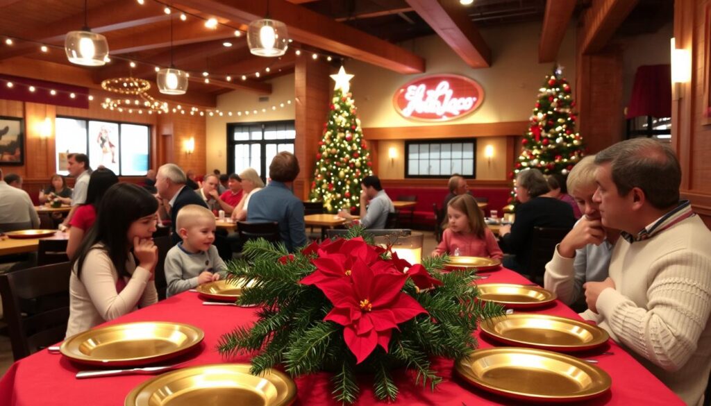 A cozy, well-lit dining area in an El Pollo Loco restaurant during the holiday season. The foreground features a festive table setting with a red tablecloth, gold-rimmed plates, and a centerpiece of pine branches and red poinsettias. In the middle ground, families and friends gather around the table, enjoying a hearty meal and lively conversation. The background showcases the restaurant's warm, rustic decor, with wooden beams, string lights, and a large Christmas tree adorned with ornaments. The lighting is a mix of soft, ambient illumination and the gentle glow of candles, creating a welcoming and inviting atmosphere for holiday dining.