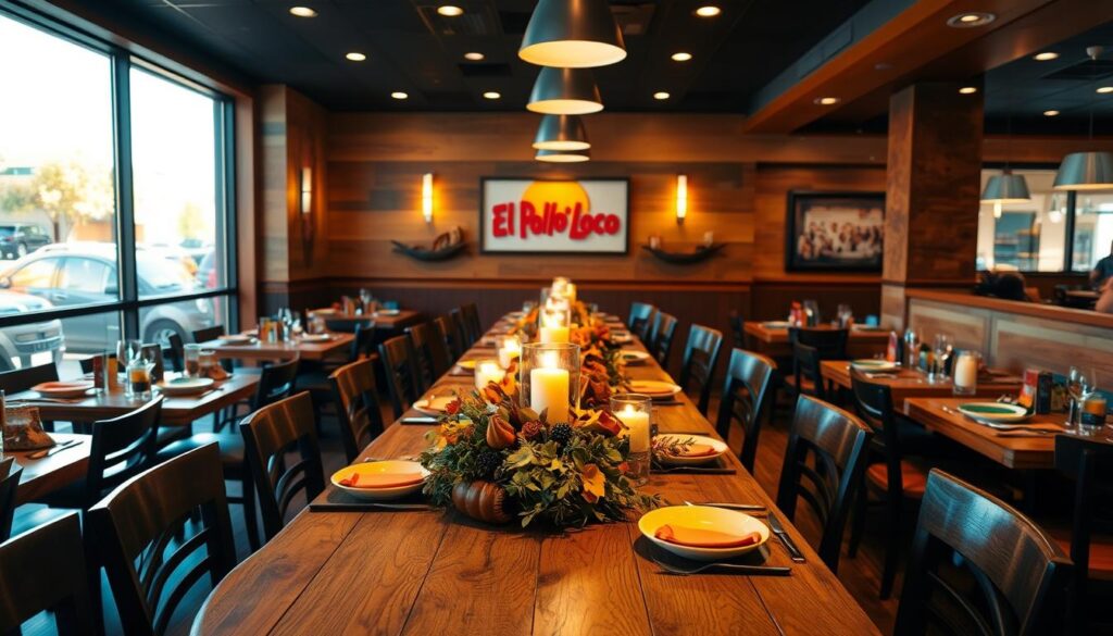 A cozy, well-lit dining room in an El Pollo Loco restaurant, set up for a Thanksgiving feast. In the foreground, a long, rustic wooden table is adorned with a lush fall-themed centerpiece, candles, and festive tableware. In the middle ground, the walls are decorated with warm, earthy tones, accented by modern lighting fixtures. In the background, a large window offers a glimpse of the vibrant, autumnal scenery outside. The overall atmosphere evokes a sense of togetherness, comfort, and the spirit of the Thanksgiving holiday.
