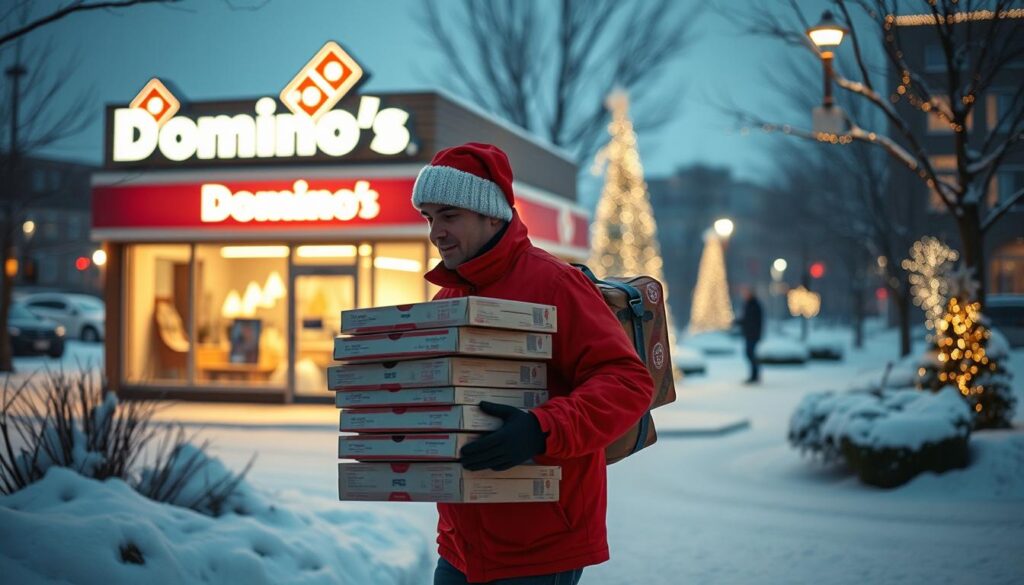 A cozy winter scene of Domino's holiday delivery services. In the foreground, a Domino's delivery driver in a festive red uniform carefully carries a stack of pizza boxes through a snowy landscape. Behind them, the warm glow of a Domino's storefront, its neon sign illuminating the darkening dusk. In the background, a cityscape dusted with snow, twinkling holiday lights casting a festive ambiance. Soft, diffused lighting creates a inviting, homely atmosphere, as if capturing a special moment of holiday cheer and anticipation for hot, delicious pizza deliveries.