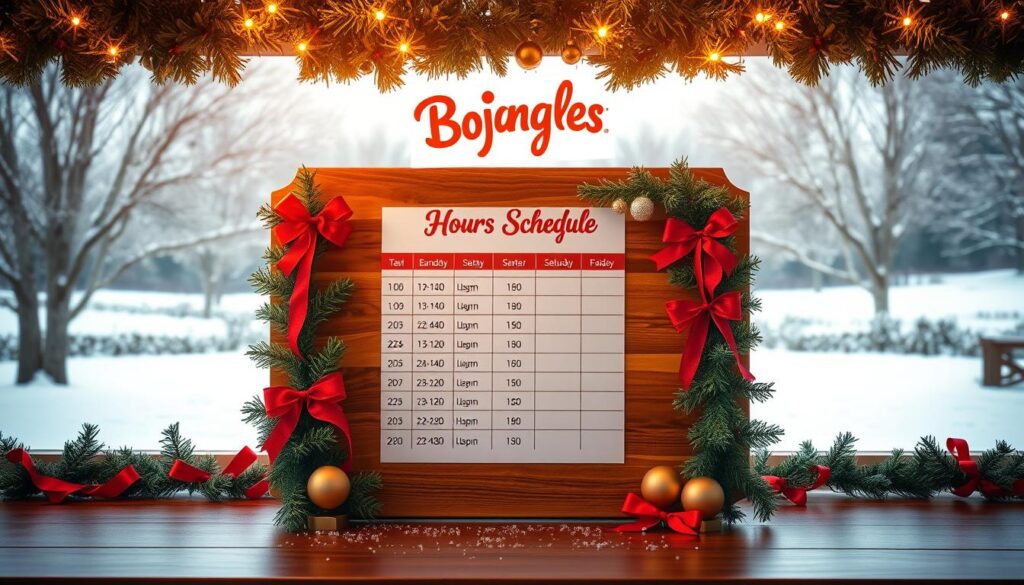 A crisp, festive display showcasing the &quot;Bojangles Christmas Hours Schedule&quot; against a backdrop of snowy winter scenery. The schedule is presented on a polished wooden board, accented with pine garlands, red ribbons, and a sprinkling of gold ornaments. Warm, soft lighting illuminates the scene, casting a cozy glow and creating a welcoming atmosphere. In the distance, a snowy landscape with bare trees and a dusting of white on the ground sets the wintery mood. The overall composition strikes a balance between the practical schedule information and the holiday cheer, inviting the viewer to plan their Bojangles visits during the Christmas season.