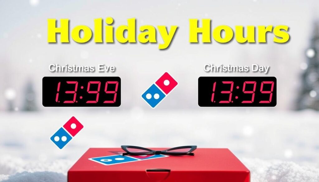 A detailed comparison of Domino's holiday hours, showcasing the differences between Christmas Eve and Christmas Day. The foreground depicts a stylized Domino's pizza box with the company's logo, set against a crisp, wintry background. The middle ground features two digital clocks, one displaying the hours for Christmas Eve and the other for Christmas Day, emphasizing the contrast. The background is a softly blurred winter landscape, with a touch of festive cheer in the form of subtle snowflakes drifting through the scene. The overall mood is one of informative clarity, with a clean, modern aesthetic that aligns with the Domino's brand.