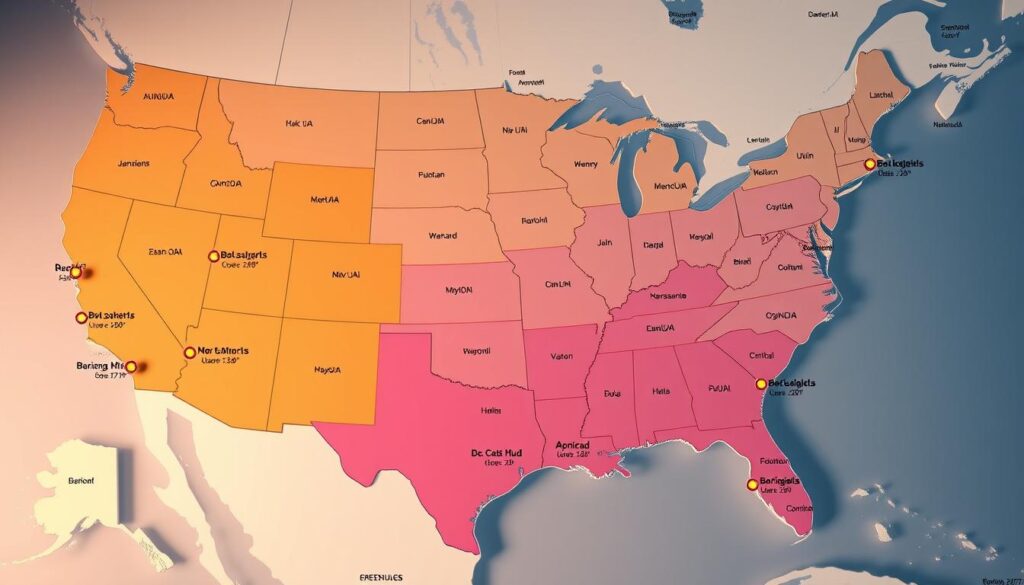 A detailed, high-resolution map of Bojangles restaurant locations across different regions, showcasing their varied operating hours. The map is rendered in a clean, modern style with a focus on geographical accuracy and legibility. Regions are delineated by distinct color palettes, allowing for easy identification of local business hours. Terrain features like state borders, major roads, and cities provide contextual information. The lighting is soft and balanced, creating a professional, informative atmosphere. The camera angle is a birds-eye view, giving a comprehensive overview of the Bojangles footprint across the country.