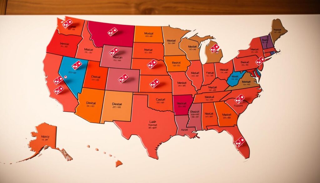 A detailed map of the United States, its states clearly delineated, with vibrant colors representing the varying regional store hours for Domino's Pizza locations. The map is rendered with a realistic, high-definition photographic style, showcasing the diversity of operating schedules across the country. The foreground features an array of Domino's logo icons, strategically placed to indicate the relative density of stores in each state. The middle ground presents a clean, minimalist design, with crisp typography and subtle grid lines to aid in visual comprehension. The background maintains a soft, blurred effect, keeping the focus on the informative, data-driven elements of the image. Warm lighting and a slightly muted color palette imbue the scene with a sense of professionalism and authority, befitting the practical nature of the content.
