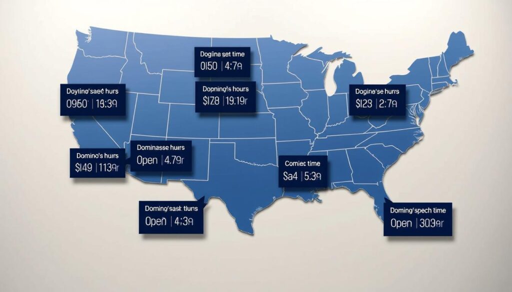 A detailed regional map of Domino's Pizza store opening times, showcasing the diverse operating hours across different geographic areas. The map is rendered in a clean, minimalist style, with clear boundaries and labels highlighting the varying open/close times for each region. The map is presented against a neutral background, allowing the information to be the focal point. The lighting is soft and evenly distributed, creating a professional, informative atmosphere. The camera angle is slightly elevated, providing a comprehensive overview of the map's contents. The overall impression is one of well-organized, easily digestible data, tailored to the needs of the article's readership.
