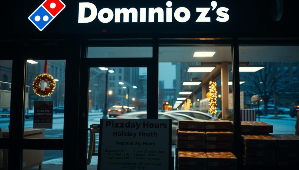 A dimly lit Domino's Pizza storefront, its signage illuminated by warm holiday lights. In the foreground, a display showcases regional variations in store hours and operations during the festive season. The shelves are stocked with boxed pizzas, signaling availability and convenience. Through the large windows, a snowy cityscape can be seen in the background, creating a cozy and inviting atmosphere. The scene is captured with a shallow depth of field, gently blurring the peripheral details and drawing the viewer's focus to the store's unique holiday offerings.