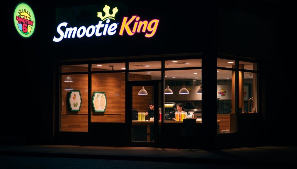 A dimly lit Smoothie King storefront at night, the neon sign casting a warm glow on the pavement. The glass windows reveal a cozy, inviting interior with a modern, minimalist design. The counter is manned by a barista, skillfully blending an array of vibrant smoothies. The lighting is soft and atmospheric, creating a relaxed, late-night ambiance. The scene evokes a sense of indulgence and escape, perfect for those seeking a refreshing and satisfying treat after hours.