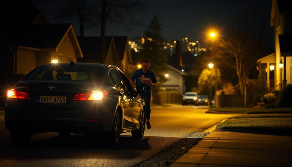 A dimly lit street at night, the Domino's pizza delivery car pulling up to a residential house, its headlights casting a warm glow. The driver, clad in a Domino's uniform, steps out carrying a steaming hot pizza box, hurrying towards the front door. In the background, the cityscape is illuminated by streetlamps, creating a cozy, late-night atmosphere. The scene is captured with a cinematic, wide-angle lens, emphasizing the sense of urgency and anticipation for the customer's hot, fresh pizza delivery. The lighting is a mix of natural and artificial, creating deep shadows and highlights that add depth and drama to the image.