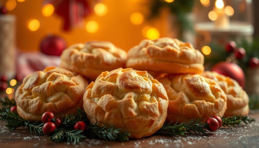 A festive display of Bojangles' signature holiday biscuits, artfully arranged against a softly-lit, cozy backdrop. The golden-brown, flaky pastries take center stage, their enticing aroma wafting through the air. Surrounding them, a gentle scattering of sprigs of fresh greenery and a touch of festive red accents, creating a warm, inviting atmosphere. The lighting casts a gentle, natural glow, highlighting the delicate texture and mouthwatering appeal of these beloved holiday treats. A high-resolution, detailed image captured with a shallow depth of field, drawing the viewer's focus to the star of the scene - the irresistible Bojangles Holiday Biscuits.