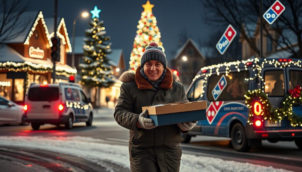 A festive scene of Domino's holiday delivery services. In the foreground, a smiling Domino's delivery driver bundled up in a cozy winter coat and hat hurries along a snowy street, carrying a steaming hot pizza box. In the middle ground, a Domino's delivery vehicle with twinkling holiday lights adorning the exterior waits at a red light. The background features a quaint town blanketed in snow, with twinkling holiday lights illuminating the storefronts and a towering Christmas tree in the town square. The lighting is warm and inviting, creating a cheerful, festive atmosphere perfect for the holiday season.