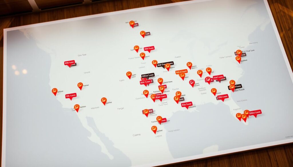 A high-resolution, detailed map of El Pollo Loco restaurant locations, showcasing their coverage across a wide geographic area. The map is clean, uncluttered, and easy to navigate, with clearly marked store icons in vibrant colors that stand out against a subtle background. The layout is organized and intuitive, allowing users to quickly find the nearest El Pollo Loco restaurant. The map is illuminated by warm, natural lighting, creating a welcoming and inviting atmosphere. The perspective is a birds-eye view, providing a comprehensive overview of the restaurant's reach. The overall impression is of a reliable, user-friendly location service that helps customers easily locate their closest El Pollo Loco.