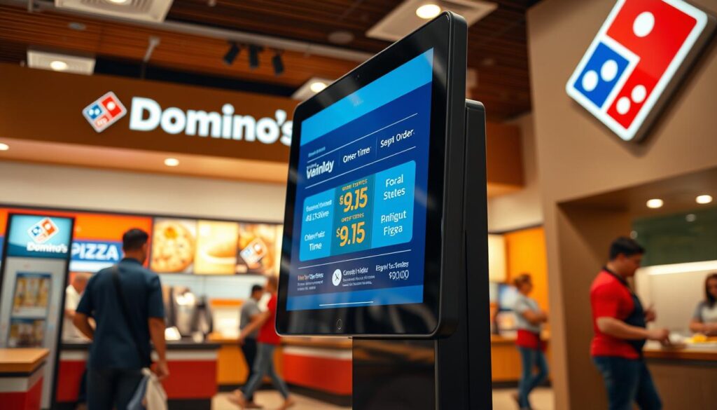 A high-resolution, digital rendering of a Domino's Pizza store interior, featuring a prominently displayed digital screen or kiosk showcasing the availability and pickup times for online orders. The foreground depicts the sleek, modern design of the kiosk, with a touch screen interface and clear labeling of order status and estimated pickup times. The middle ground captures the bustling activity of the store, with customers moving through the space and employees efficiently fulfilling orders. The background provides a glimpse of the store's branding, featuring the iconic Domino's logo and a warm, inviting color palette. The overall scene conveys a sense of convenience, efficiency, and customer-centric service, reflecting the digital tools Domino's uses to streamline the carryout experience.
