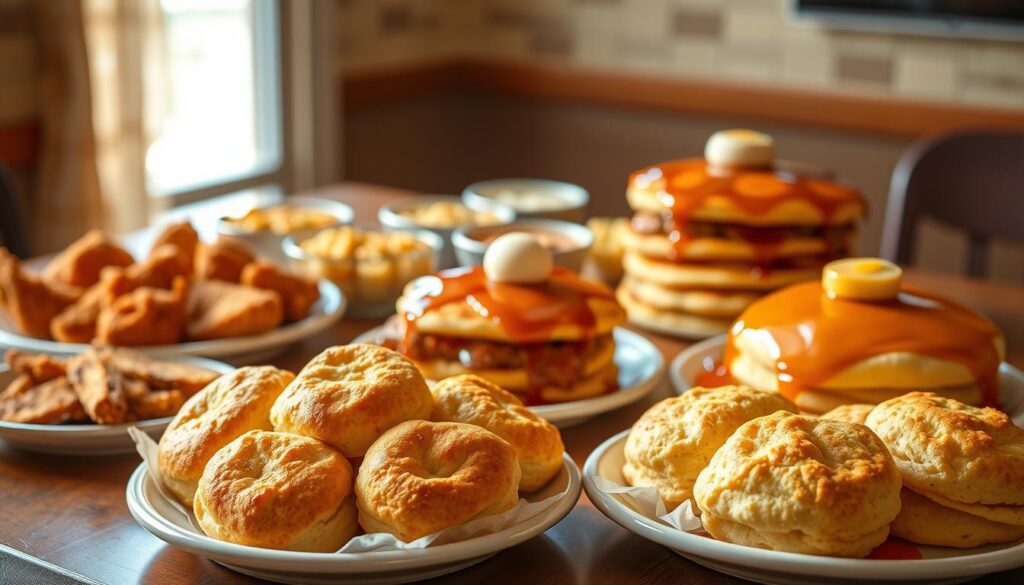 A meticulously arranged table showcasing Bojangles' signature breakfast dishes. In the foreground, a steaming platter of fluffy, golden biscuits, flaky and inviting. Surrounding it, an array of mouthwatering delights: crispy fried chicken tenders, savory sausage and egg biscuits, and a stack of perfectly golden-brown pancakes drizzled with rich, maple-tinged syrup. In the middle ground, a variety of sides like grits, hashbrowns, and vibrant fruits add pops of color and texture. The background is softly blurred, allowing the star dishes to take center stage under warm, natural lighting that casts a cozy, homespun atmosphere. Every element is meticulously captured, tempting the viewer to dive into this quintessential Bojangles breakfast experience.