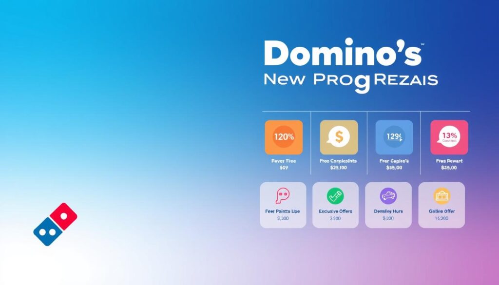 A modern, minimalist illustration showcasing the key details of the Domino's Rewards Program. In the foreground, a sleek, metallic Domino's logo and the program's name prominently displayed. In the middle ground, a grid of colorful icons representing the various reward tiers and benefits, such as free pizzas, points, and exclusive offers. The background features a subtle gradient in Domino's signature colors, creating a sense of depth and sophistication. The overall composition is balanced, with a clean and professional aesthetic, suitable for inclusion in an informative article about Domino's operating hours and locations.