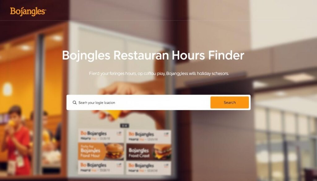 A modern, minimalist website interface showcasing the &quot;Bojangles Restaurant Hours Finder&quot; feature. In the foreground, a sleek search bar and prominent call-to-action button invite the user to easily find their local Bojangles location and its holiday hours. The middle ground features a clean grid of location thumbnails, each showcasing the store's name, address, and holiday schedule. The background has a soft, blurred image of a Bojangles restaurant exterior, bathed in warm, natural lighting that creates a welcoming atmosphere. The overall design prioritizes simplicity, functionality, and brand consistency to provide a seamless user experience for accessing Bojangles' holiday hours.