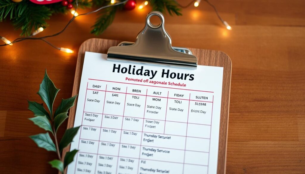 A neatly organized holiday hours schedule for the El Pollo Loco restaurant chain, presented against a warm, festive background. The schedule is displayed on a wooden clipboard with a sprig of holly and a string of twinkling lights, conveying a cozy, seasonal atmosphere. The lighting is soft and inviting, with a slight vignette effect to draw the eye to the center of the composition. The overall mood is one of cheerful holiday spirit, reflecting the "Holiday Hours and Seasonal Changes" theme of the article section.