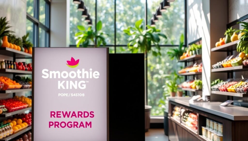 A sleek and modern smoothie shop interior, with a prominent Smoothie King Rewards Program display in the foreground. The program logo is rendered in a clean, vibrant design, against a backdrop of lush greenery and natural lighting filtering through large windows. Shelves stocked with vibrant fruit and healthy ingredients line the walls, creating a visually appealing and inviting atmosphere. The overall scene conveys a sense of wellness, health, and the benefits of the Smoothie King Rewards Program.