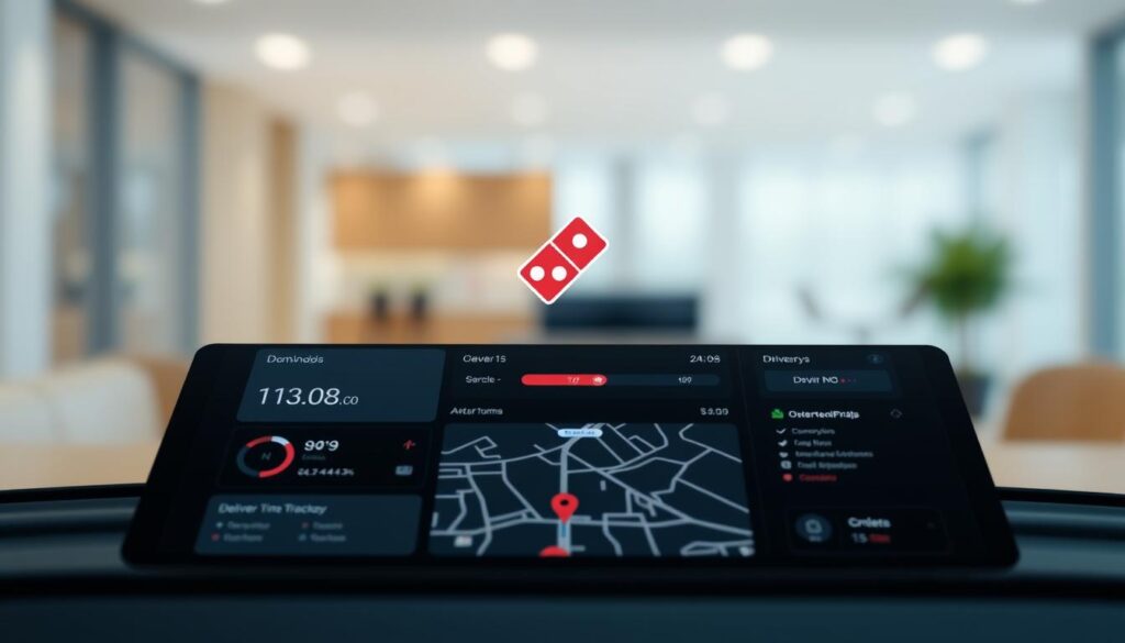 A sleek, modern interface depicting a Domino's delivery order tracking screen. In the foreground, a clean dashboard showcases the order status, delivery time estimates, and a map tracking the driver's location. The middle ground features a stylized Domino's logo and brand elements, conveying a sense of professionalism and reliability. The background subtly blurs, allowing the key information to take center stage. The lighting is soft and even, creating a welcoming and accessible atmosphere. The camera angle is slightly elevated, providing an overview of the tracking experience. The overall impression is one of technological sophistication, efficiency, and Domino's commitment to customer satisfaction.