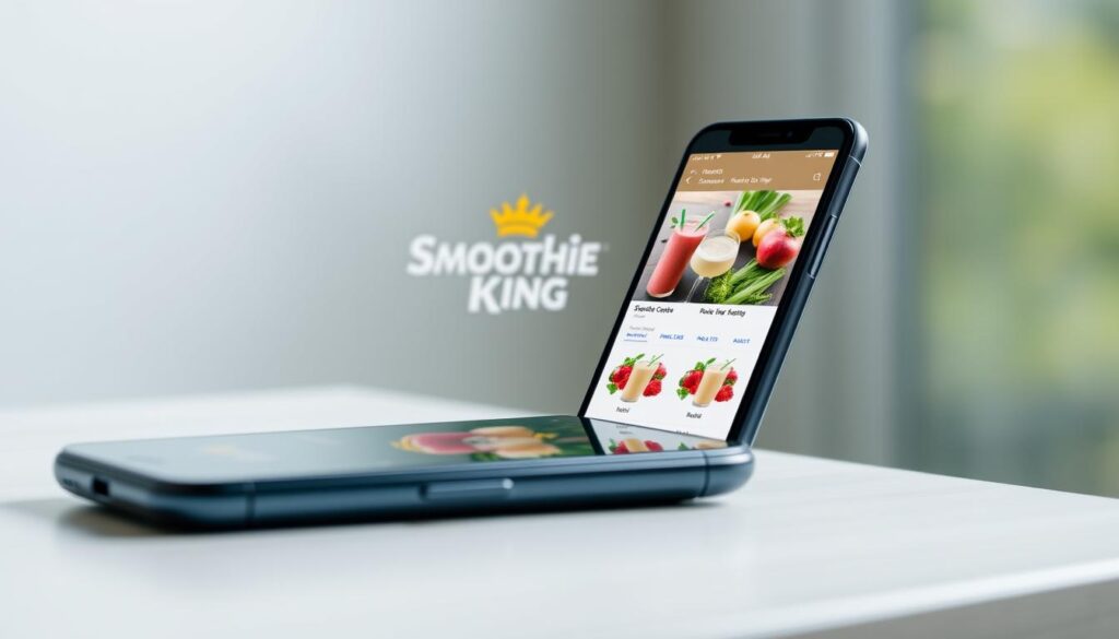 A sleek, modern mobile app interface showcasing the Smoothie King online ordering experience. The foreground features a close-up view of a smartphone screen displaying the app's clean, intuitive design with smooth transitions and vibrant, high-resolution imagery of various smoothie offerings. The middle ground subtly incorporates the Smoothie King brand elements, such as the distinctive logo and color scheme, while the background evokes a serene, natural environment to complement the healthy, refreshing theme. The lighting is soft and diffused, creating a welcoming, premium atmosphere. The camera angle is slightly angled to draw the viewer's attention to the app's key features and functionality, highlighting the convenience of mobile ordering during Sunday hours.