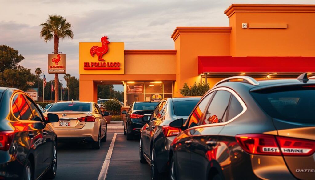 A vibrant and bustling El Pollo Loco drive-thru service, captured in a dynamic wide-angle view. In the foreground, cars line up at the ordering station, their drivers eagerly awaiting their chicken fix. The middle ground showcases the iconic bright red and yellow signage, drawing the eye towards the inviting menu. In the background, the restaurant's exterior stands tall, its modern architectural design and lush landscaping creating a welcoming atmosphere. Warm, golden lighting bathes the scene, reflecting off the polished cars and creating a cozy, enticing ambiance. The overall composition conveys the convenience and efficiency of this beloved fast-food establishment, ready to serve up delicious meals even on the go.