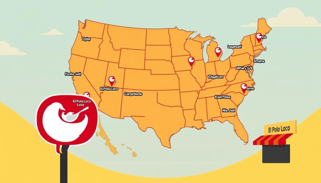 A vibrant and detailed illustration of an El Pollo Loco restaurant locator, showcasing a stylized map of the United States with prominently displayed locations of various El Pollo Loco establishments. The map is rendered with a warm, inviting color palette, featuring distinct geographic regions and state borders. In the foreground, a modern, streamlined El Pollo Loco logo stands out, effortlessly guiding the viewer's attention to the locational information. The overall composition conveys a sense of accessibility and convenience, highlighting the widespread presence of this popular restaurant chain across the country.