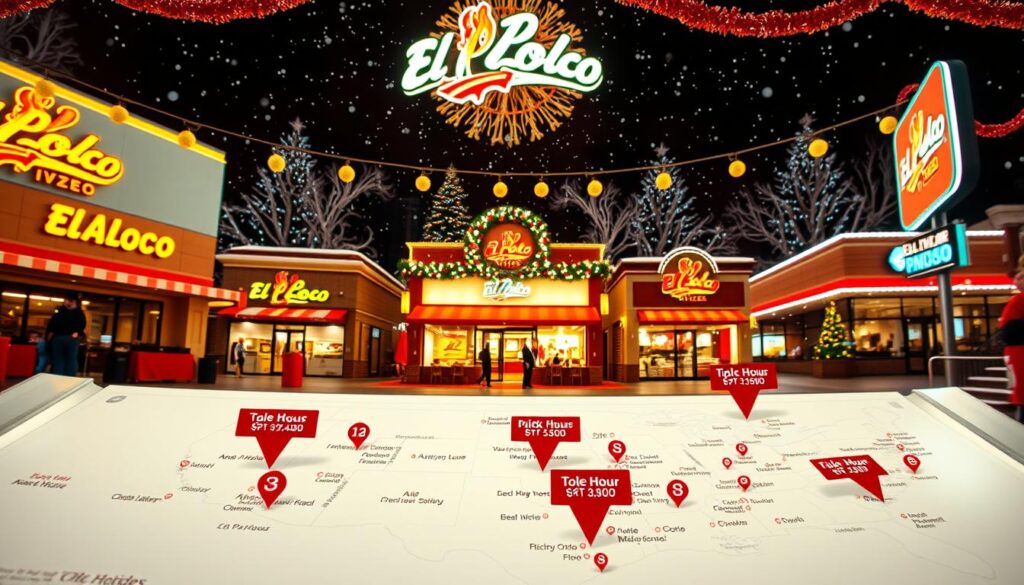 A vibrant, bustling display of El Pollo Loco restaurant locations, showcasing their varied holiday hours across different regions. The foreground features a detailed map highlighting the store locations, with icons denoting their specific operating hours during the festive season. The middle ground depicts several restaurants, each with a unique architectural style and holiday decorations, conveying the diverse regional flavors. In the background, a lively holiday atmosphere is created with festive lighting, seasonal foliage, and a touch of snow, all captured under a warm, inviting cinematic lighting setup using a wide-angle lens to provide a comprehensive overview.