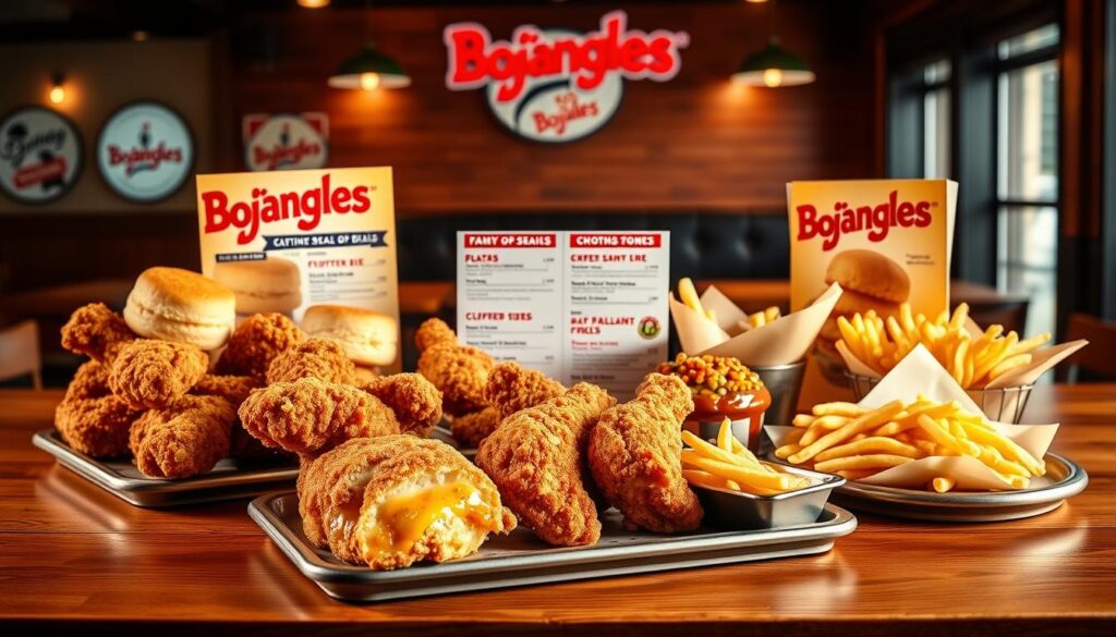 A vibrant, enticing display of Bojangles' signature family meal deals, showcased on a warm, wooden tabletop. In the foreground, an array of scrumptious fried chicken, fluffy biscuits, and tempting sides, arranged in a visually appealing manner. The middle ground features carefully curated menu options, presented with enticing typography and design. The background suggests a cozy, inviting Bojangles restaurant setting, with subtle hints of the brand's iconic branding and decor. Soft, natural lighting illuminates the scene, creating a welcoming and mouthwatering atmosphere. The overall composition captures the essence of Bojangles' family-friendly dining experience, perfectly suited to illustrate the "Family Meals and Group Orders" section of the article.