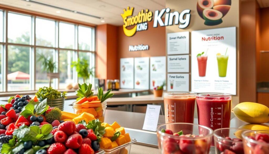 A vibrant, photorealistic image of a Smoothie King restaurant display showcasing its nutrition options. The foreground features an array of fresh, colorful smoothie ingredients such as berries, leafy greens, and tropical fruits, neatly arranged in clear containers. The middle ground depicts a sleek, modern countertop with various informational panels highlighting the nutritional details and customization options for Smoothie King's menu items. The background showcases a warm, inviting interior with natural lighting streaming through large windows, creating a pleasant, health-conscious ambiance. The overall composition emphasizes the brand's focus on providing nutritious and personalized smoothie choices to its customers.