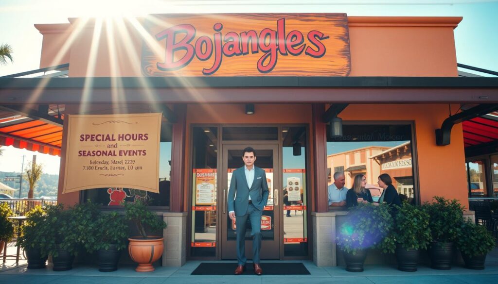 A vibrant, sun-drenched image of the Bojangles restaurant storefront, showcasing a prominent display of their &amp;amp;quot;Special Hours and Seasonal Events&amp;amp;quot; signage. The signage features an elegant, hand-painted design with bold, legible typography set against a warm, rustic background. In the foreground, a well-dressed customer steps through the inviting, glass entryway, casting a soft, natural light across the scene. The middle ground depicts the restaurant's exterior, with neatly arranged patio seating and lush, potted plants framing the entrance. The background gently blurs into a hazy, Carolina blue sky, lending an air of tranquility and hospitality to the overall composition.