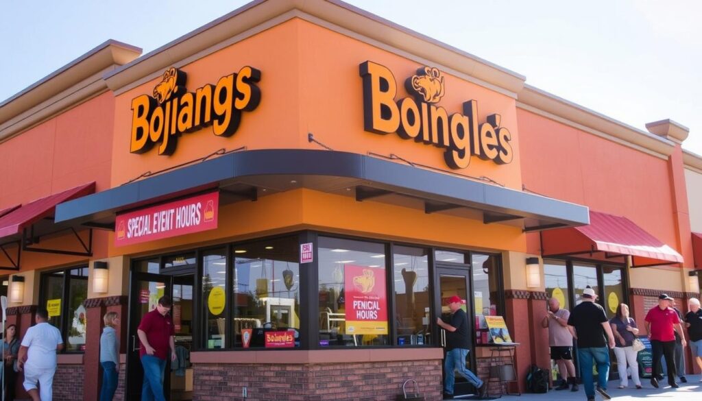 A vibrant, well-lit storefront of a Bojangles restaurant during a special event, showcasing the modified hours. The scene depicts a lively atmosphere with customers entering and exiting the establishment, set against a backdrop of a clear, sunny day. The facade features the iconic Bojangles logo and signage highlighting the special event hours, conveying a sense of anticipation and celebration. Attention to detail is paramount, with the building's architecture, signage, and overall presentation reflecting the brand's aesthetic. The image should capture the energy and excitement of a Bojangles location operating during a special event, inviting the viewer to experience the modified hours and festivities.